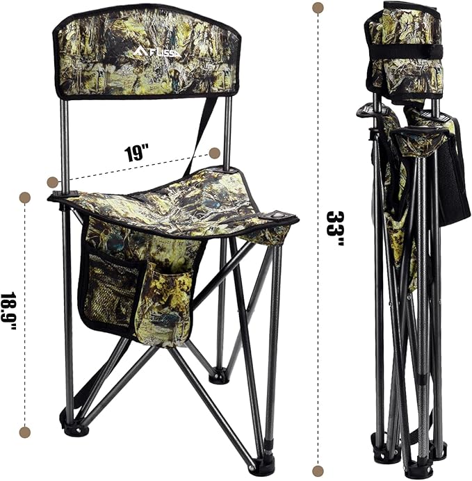 FLISSA Tripod Hunting Chair with Backrest, Portable Hunting Stool Supports 250 LBS, Foldable Camo Seat with Carry Strap for Hunting, Hiking, Fishing and Camping