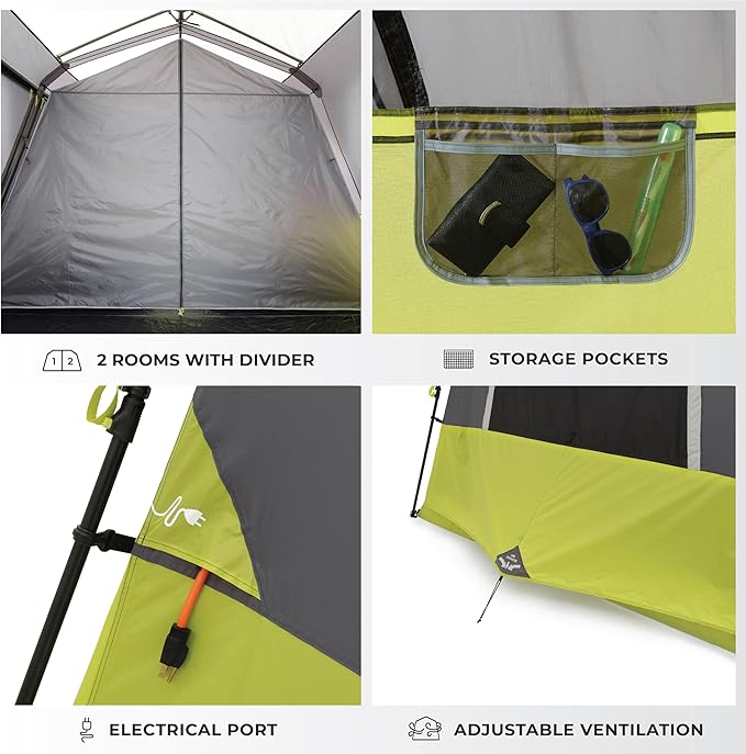 CORE Instant Cabin Tents | 6 Person / 9 Person / 10 Person / 12 Person Family Cabin Multi Room Pop Up Tents Car Camping | Included Storage Pockets for Camping Accessories