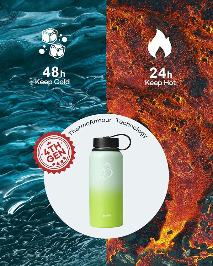 BUZIO 32oz Insulated Water Bottle, Triple Wall Vacuum Stainless Steel Water Flask with Straw Lid, BPA-Free Leakproof Sports Canteen for Sports Hiking, Cold 48H & Hot 24H- Gradient Green