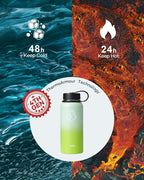 BUZIO 32oz Insulated Water Bottle, Triple Wall Vacuum Stainless Steel Water Flask with Straw Lid, BPA-Free Leakproof Sports Canteen for Sports Hiking, Cold 48H & Hot 24H- Gradient Green