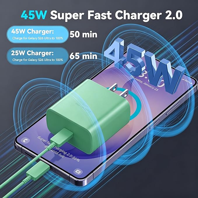 45W Super Fast Charger USB C Android Phone Type C Charger Fast Charging Block with 6.6FT Cord for Samsung Galaxy S26/S26 Ultra/S26+/S25 Ultra/S25/S24 Ultra/S24/S23 Ultra/S22/S21/S20/Note 10, Green