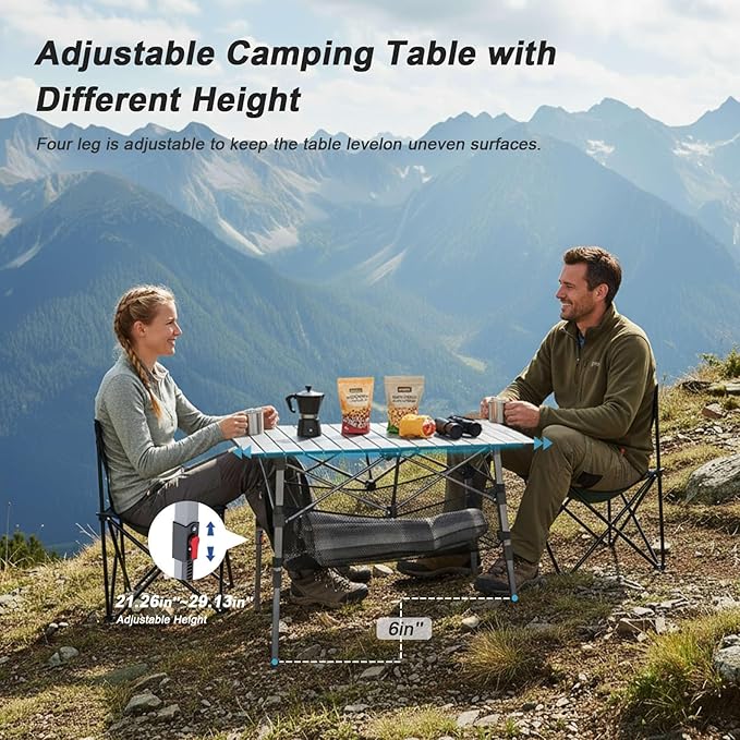 Portable Camping Table with Adjustable Height Legs, Lightweight Aluminum Roll-up beach tables for sand foldable，Folding Picnic Table Large Storage Basket for Outdoor camping (Black, Medium 37")