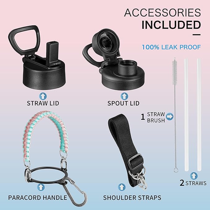 KXIAOCHEN Insulated Water Bottle, Stainless Steel Water Bottle, 2 Lids (Straw and Handle Lid),Wide Mouth Metal Water Bottles Keep Hot and Cold, Double Walled, Thermo Mug, Metal Canteen