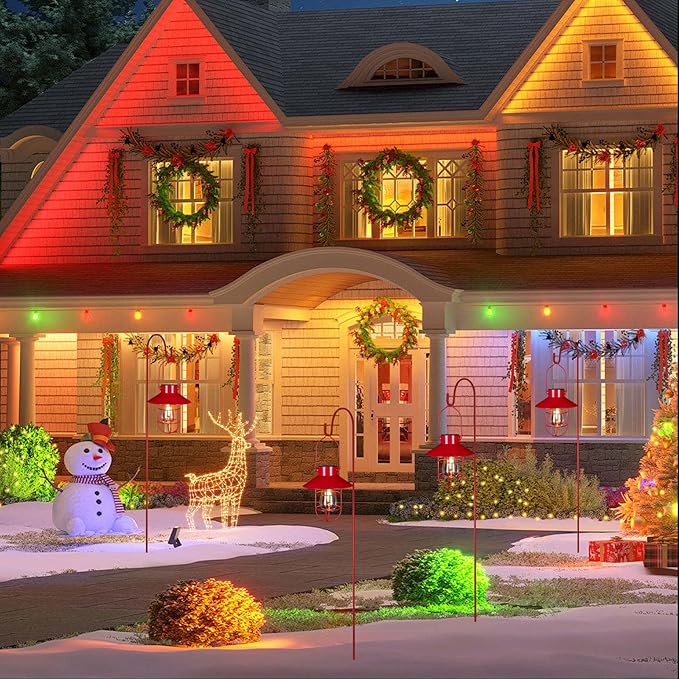 Solar Lanterns Outdoor Christmas Metal Solar Powered Hanging Lights Waterproof for Wall Barn Yard Garden Patio Garage Balcony Porch Fence Decor, Warm White Edison Bulb (Red-2pack)