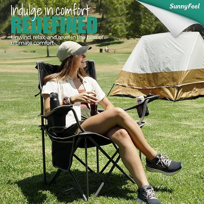 SUNNYFEEL XL Oversized Camping Chair, Folding Camp Chairs for Adults Heavy Duty Big Tall 500 LBS, Padded Portable Quad Arm Lawn Chair with Pocket for Outdoor/Picnic/Beach/Sports