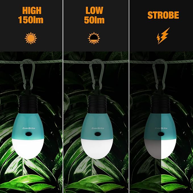 EverBrite Rechargeable Camping Light, Portable Tent Lantern, 3 Lighting Modes, Hanging Tent Light Bulbs with Clip Hook for Hiking, Fishing, Backpacking, Emergency and More-Blue