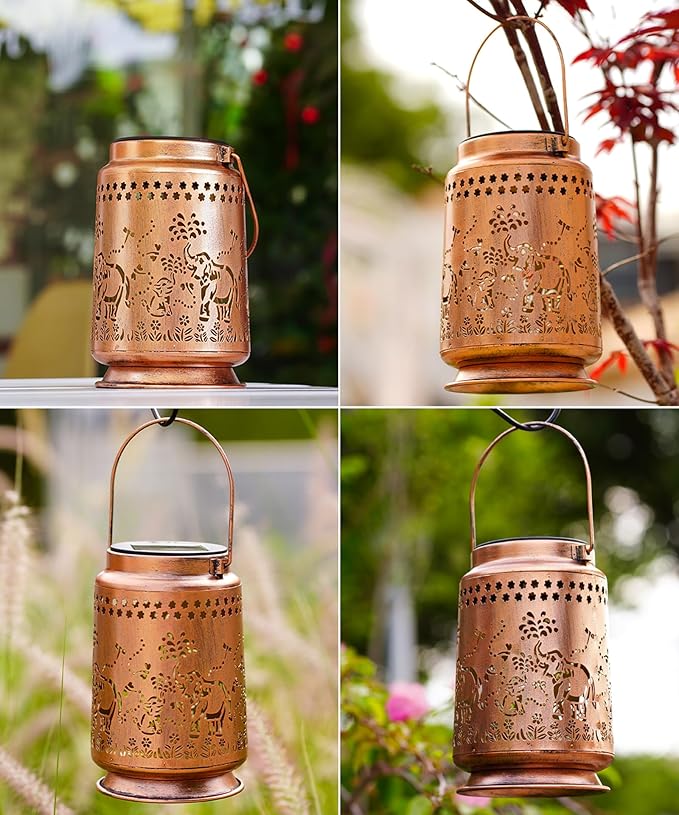 Nacome Elephant Solar Lanterns for Garden Decor: Waterproof Hanging Metal Decorations with LED Lights for Yard Lawn Porch Patio Landscape Pathway