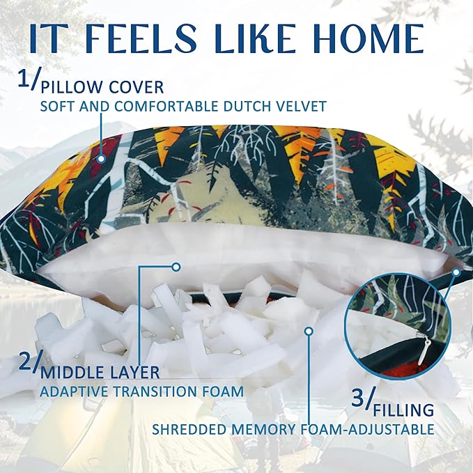 Camping Pillow Shredded Memory Foam Travel Pillows for Sleeping Compressible Lightweight Camp Pillow Washable Backpacking Pillow for Camping & Hiking Firm Supportive Small Pillow for Travel