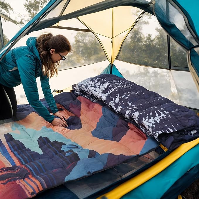 Down Camping Blanket, Ultralight Compact Packable Throw with Snaps for Outdoor Indoor, Travel Stadium Concert Picnic Beach, Puffy 650 Fill Down Water-Resistant Quilt (Mountain Sunset)