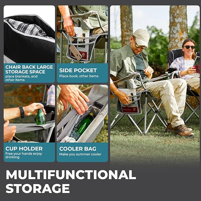 FUNDANGO Folding Camping Chair Heavy Duty, 2 Pack Oversized 440 Lbs Support Outdoor Camp Chairs with Lumbar Support & Cooler Pocket for Fishing Backyard Sports Beach Garden (Black/Grey)