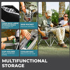 FUNDANGO Folding Camping Chair Heavy Duty, 2 Pack Oversized 440 Lbs Support Outdoor Camp Chairs with Lumbar Support & Cooler Pocket for Fishing Backyard Sports Beach Garden (Black/Grey)