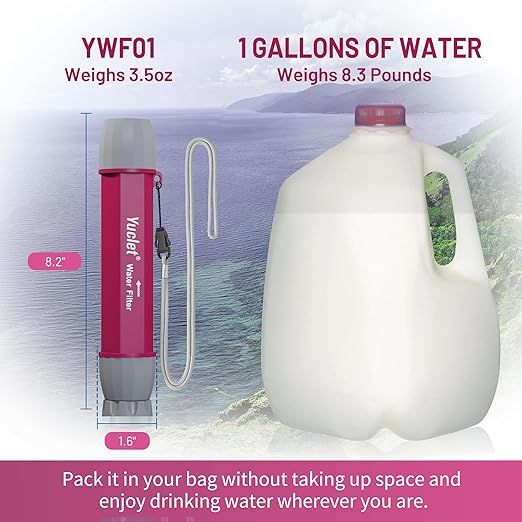 YWF01 Personal Filter Straw for Drinking Survival, Portable Water Purifier Filtration System Survival Gear and Supplies for Camping, Hiking, Travel, and Emergency Preparedness (Plum Red, Pack of 4)
