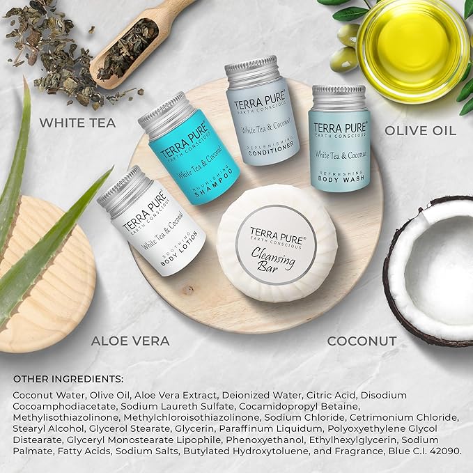 Terra Pure White Tea & Coconut Toiletries Set | 1-Shoppe Amenities Kit | 1oz Liquids, 1.25oz Bar Soap | Hotels, Airbnb & Rentals | 75 Pieces