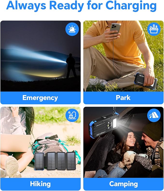 Solar Power Bank 45800mAh with 4 Panels, Portable Solar Charger with Build-in 3 Cables for iPhone, USB C in/Output 15W Fast Charging External Battery Pack with Flashlight & Camping Light