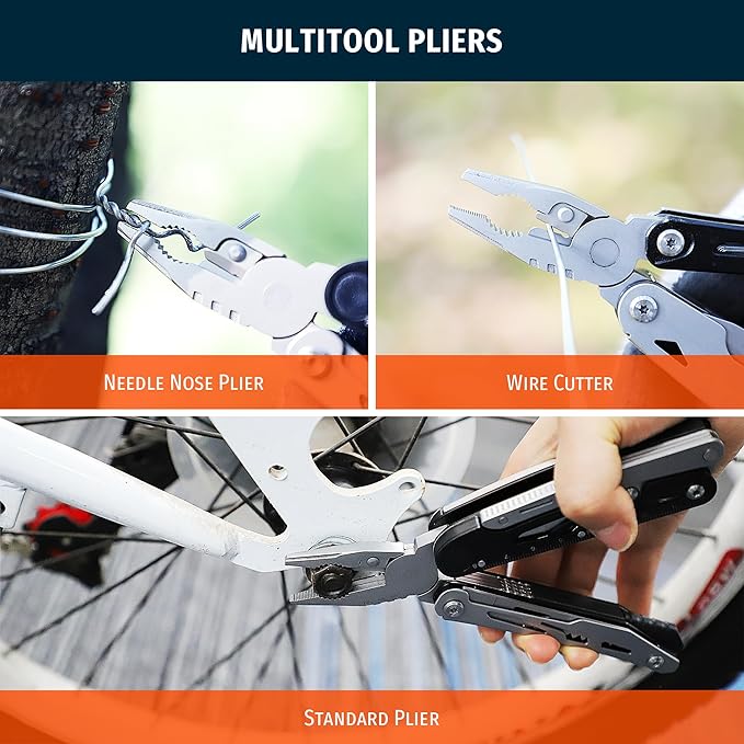 12-in-1 Multitool Pliers with Safety Lock, Fire Starter & Whistle, Stainless Steel Pocket Knife, Camping Multitool with Detachable Scissors for Outdoor Survival, EDC Gear