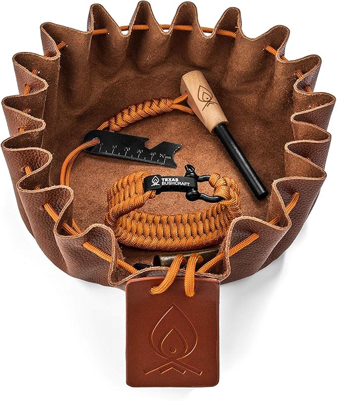 Texas Bushcraft Fire Starter Survival Kit - Ferro Rod Flint Fire Steel, Striker Tool | Cowhide Leather Tinder Bag | Emergency Paracord Bracelet Camping Gear