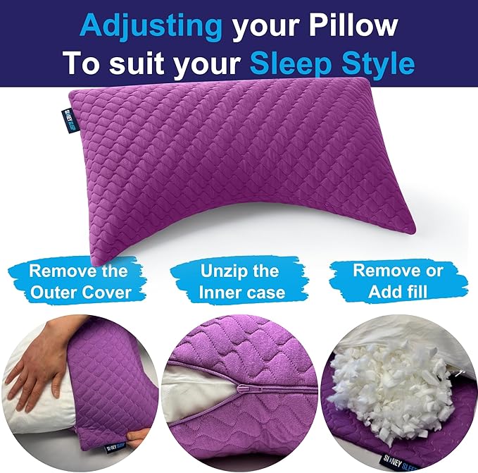 Sidney Sleep Set of 2 Queen Size Bed Pillows for Side and Back Sleepers - Adjustable Filling - Memory Foam Pillows for Neck and Shoulder Pain - Customizable Loft - Extra Foam Included (Magenta)