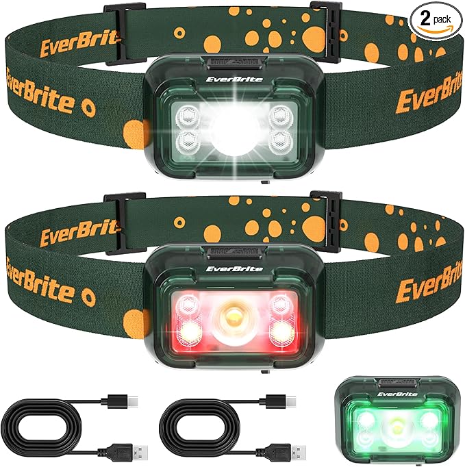 EverBrite Rechargeable Headlamp, 2 Pack Kids Headlamp with White/Red/Green Light and Memory Function, Head Lamp for Adult and Kid with 5 Modes, 120° Adjustable LED Headlamp for Camping, Running-Green