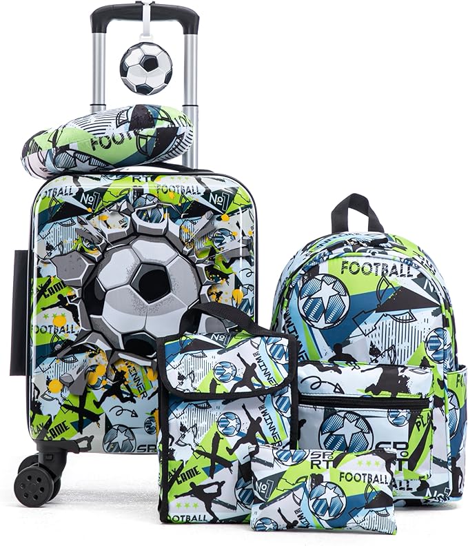 Rosamo Kid’s Luggage Set 6 Piece Suitcase Set 16" Hardside Luggage with Spinner Wheels Girls Boys Carry on Luggage Travel Rolling Luggage Airline Approved (Soccer)