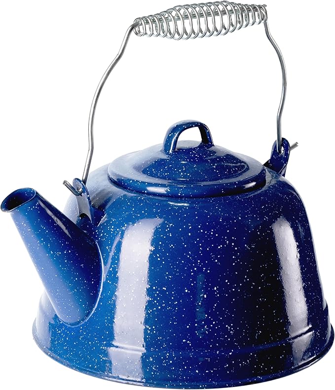 COLETTI Classic Camping Tea Kettle Stovetop — Travel Kettle, Camp Tea Pot for Stove — Chipping-Resistant German-Imported Enamel Coating [Blue Enamel, 9 Cups]