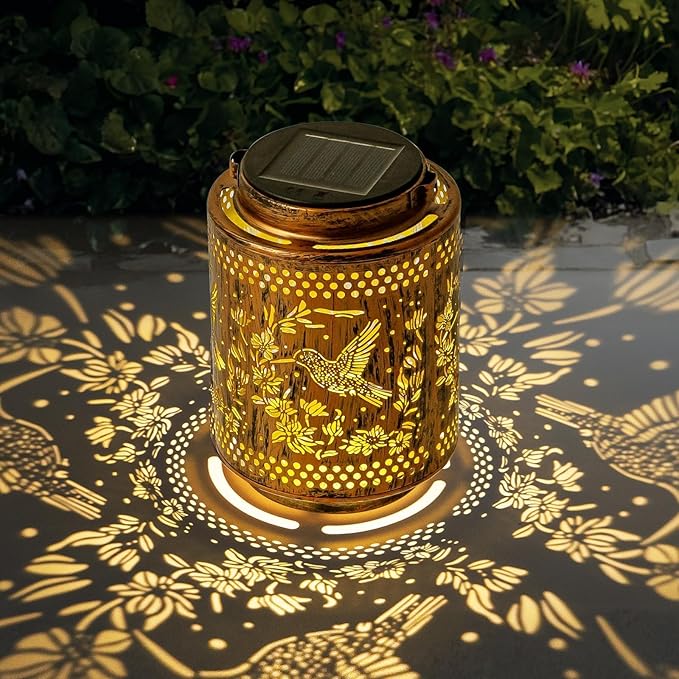 Solar Lanterns Outdoor Waterproof Hummingbird and Iris Garden Decor Gifts for Women Hanging Solar Lights with Metal Design Warm Light for Patio Yard Porch