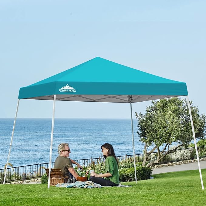 EAGLE PEAK 10x10 Slant Leg Pop-up Canopy Tent Easy One Person Setup Instant Outdoor Beach Canopy Folding Portable Sports Shelter 10x10 Base 8x8 Top (Turquoise)