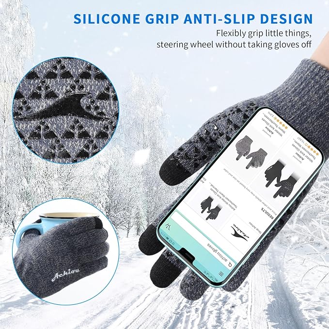 Achiou Winter Gloves, Glove for Men Women, Upgraded Touch Screen Texting Warm Running with Thermal Soft Knit Lining