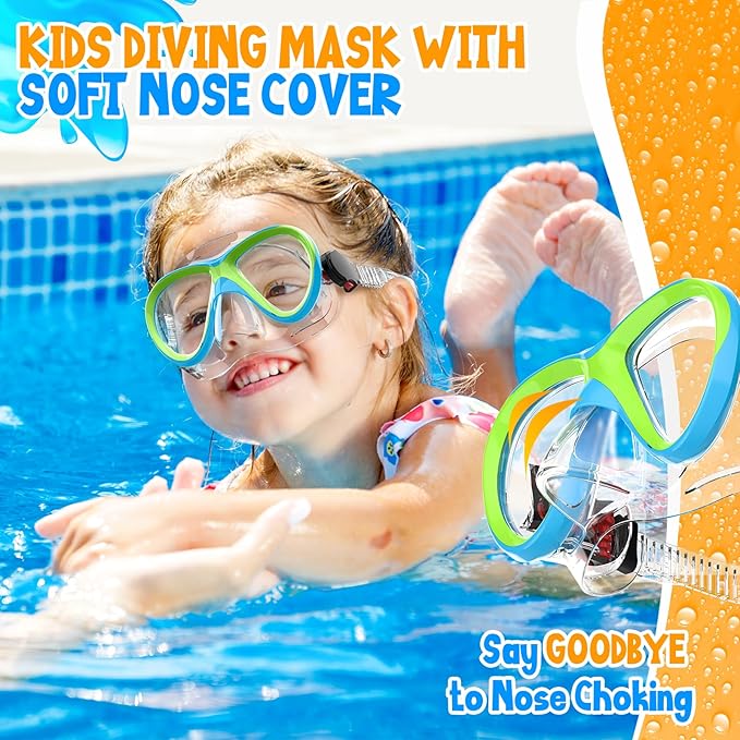 Kids Snorkel Set, Dry Top Snorkeling Gear for Kids, Diving Mask for Youth Boys Girls Age 5-15, Tempered Glass Swimming Goggles Combo Set, Anti-Fog Panoramic View Kids Snorkel Set