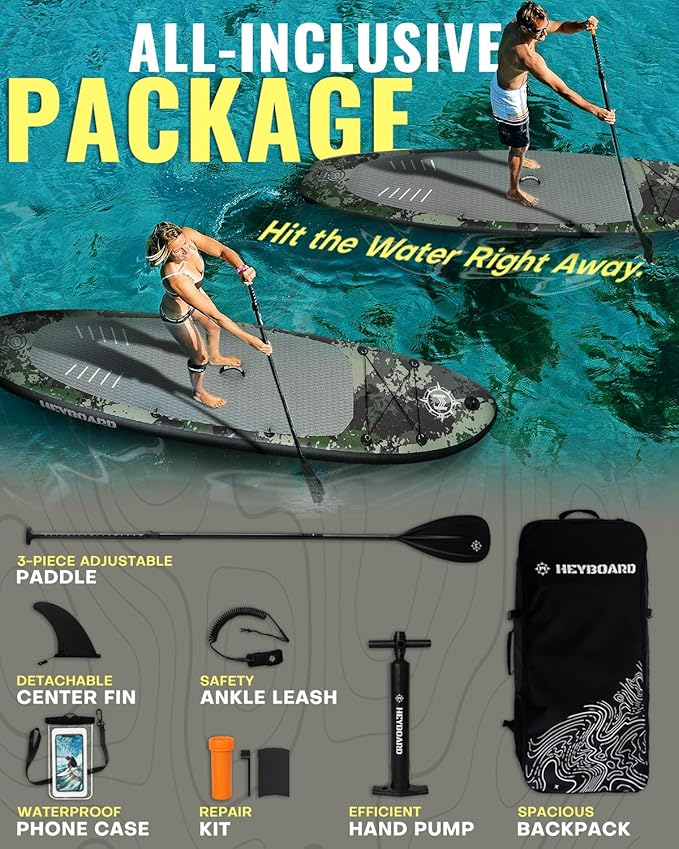 HEYBOARD Inflatable Stand Up Paddle Board 10'6"×32"×6" Standup Paddleboard with Premium SUP Accessories & Backpack, Non-Slip Deck, Waterproof Bag, Leash, Paddle, Hand Pump