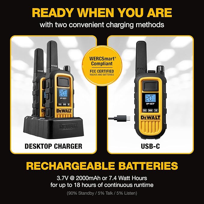DEWALT DXFRS800 FRS Walkie Talkies Long Range 2 Way Radio, 2 Watt, Waterproof & Rechargeable, 2 Pack