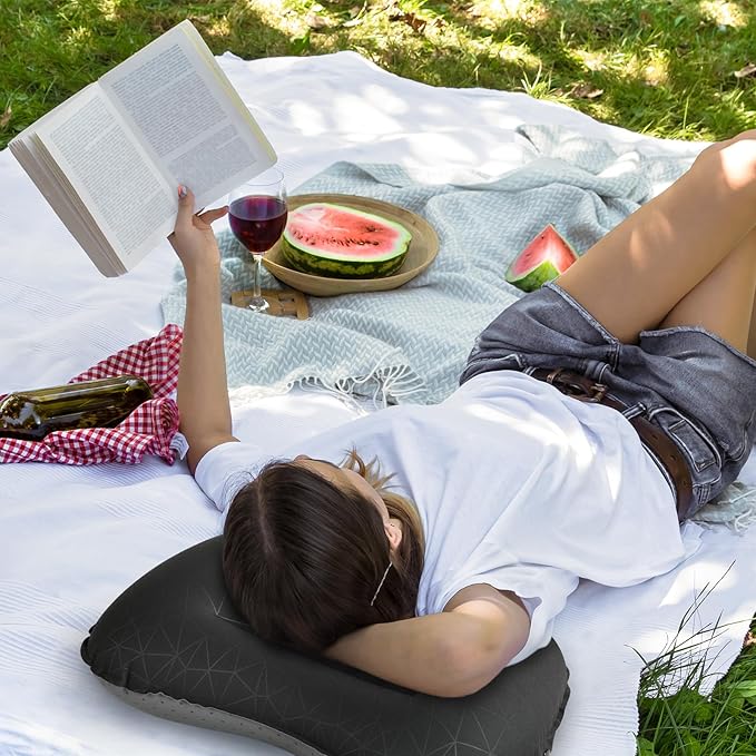 Camping Pillow with Built-in Pump - Inflatable Pillows - Travel Pillows for Backpacking & Airplane, Lumbar Support Blow Up & Press to Inflate Pillow, Compressible, Comfortable Pillow(Black w/Pump)