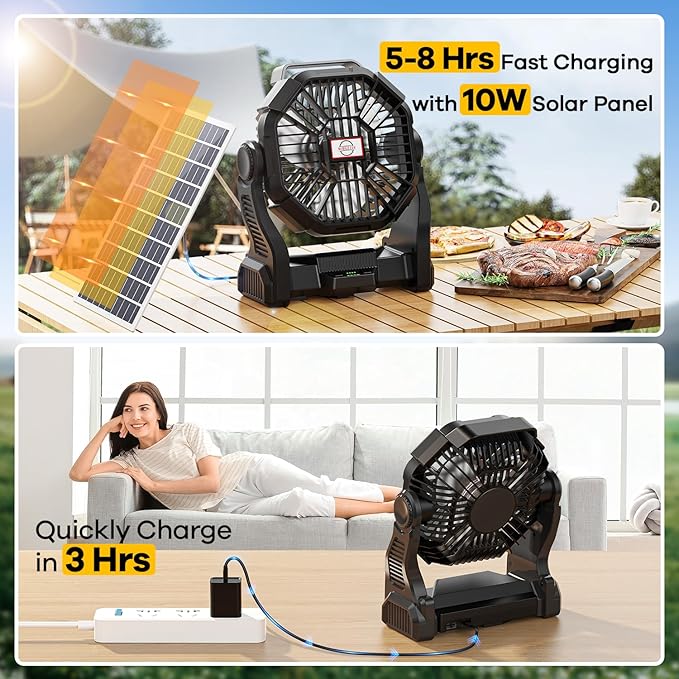 30000mAh Solar Fan with LED Lantern, 10W Solar Panel Rechargeable Battery Powered Camping Fan for Outside, 9 Inch Portable Battery Operated Hurricane Supplies for Picnic, Barbecue, Fishing, Travel