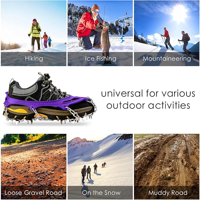 Crampons Ice Cleats Traction Snow Grips for Boots Shoes Women Men Anti Slip 19 Stainless Steel Spikes Safe Protect for Hiking Fishing Walking Climbing Mountaineering