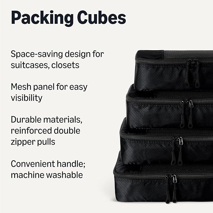 Amazon Essentials 4-Piece Packing Cubes Travel Accessories Set, Luggage Organizer with Double Zipper, Mesh Top, 100% Polyester, Small, Black (Previously Amazon Basics)