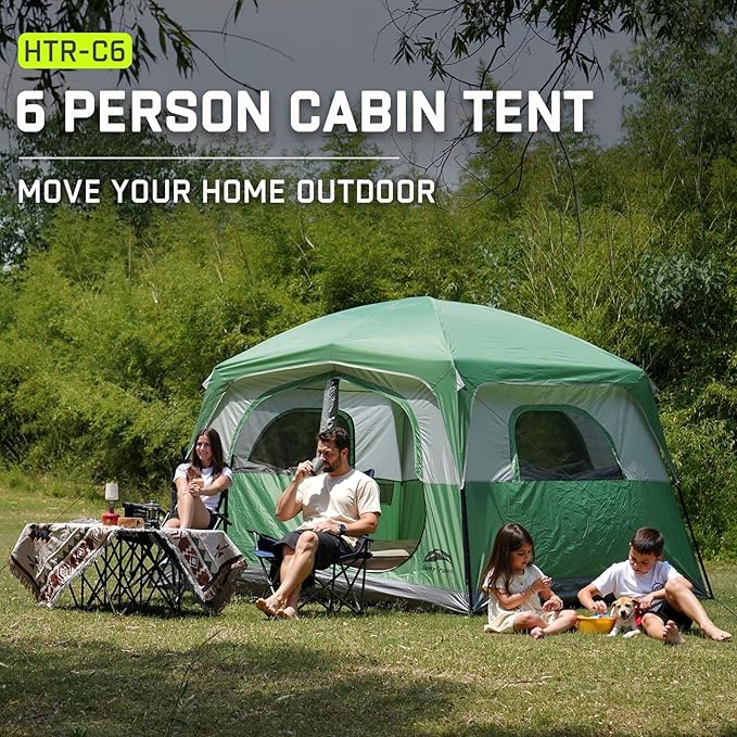 Happy Travel Tent 6 Person Tents for Camping, Waterproof Easy Setup Camping Tent with Rainfly, Portable Large Family Cabin Tent with 5 Large Mesh Windows and Carry Bag for Outdoor Camping & Hiking