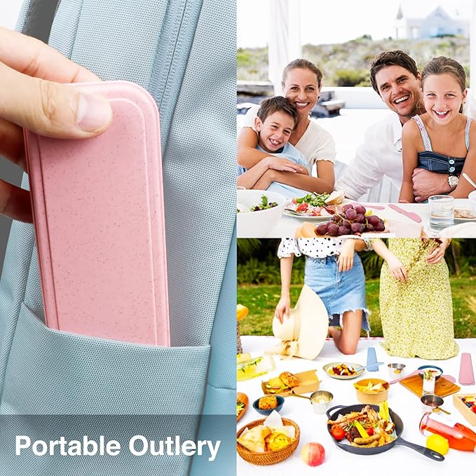 Reusable Travel Utensils Set with Case, Green Wheat Straw Portable Knife Fork Spoons Tableware, Eco-Friendly BPA Free Cutlery for Kids and Adults as Travel Picnic Camping Utensils