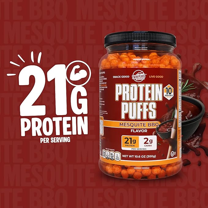 Twin Peaks Protein Puffs - (Mesquite Barbecue), Keto Friendly, Low Carb Snack (300g, 21g Protein, 2g Net Carbs, High Protein, Healthy Crunchy Snack)