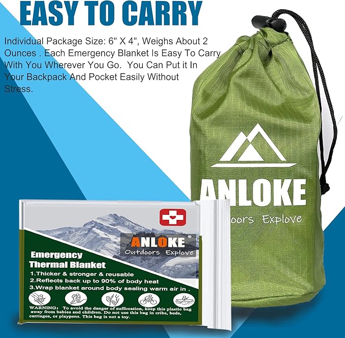 Emergency Blankets Mylar Thermal Blanket (4 Pack) of Space Blanket 82" x62''. Survival Blankets Heavy Duty Camping Gear, First Aid, Green