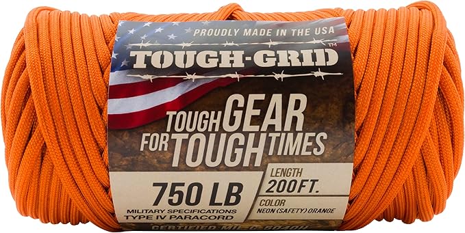 TOUGH-GRID Paracord Rope 750 lbs Nylon Parachute Cord, Made in USA Survival Kit, Outdoor Adventures, Camping, Tactical Gear & Emergency Supplies, Military Type IV Mil-Spec
