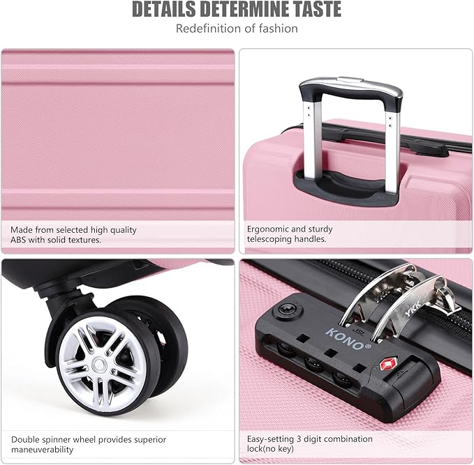 Kono 24 Inch Luggage Suitcase Lightweight with Spinner Wheels TSA Lock Hardside Medium Checked Luggage Durable Rolling Suitcase Pink