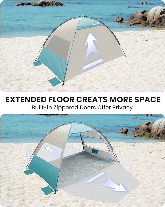 OutdoorMaster Beach Tent Sun Shelter with 2 Ventilated Doors, UPF50+ Easy Setup Beach Tent Canopy for 3 Person, Lightweight & Portable Family Beach Umbrellas for Sand with Carrying Bag-Cancun Seashore