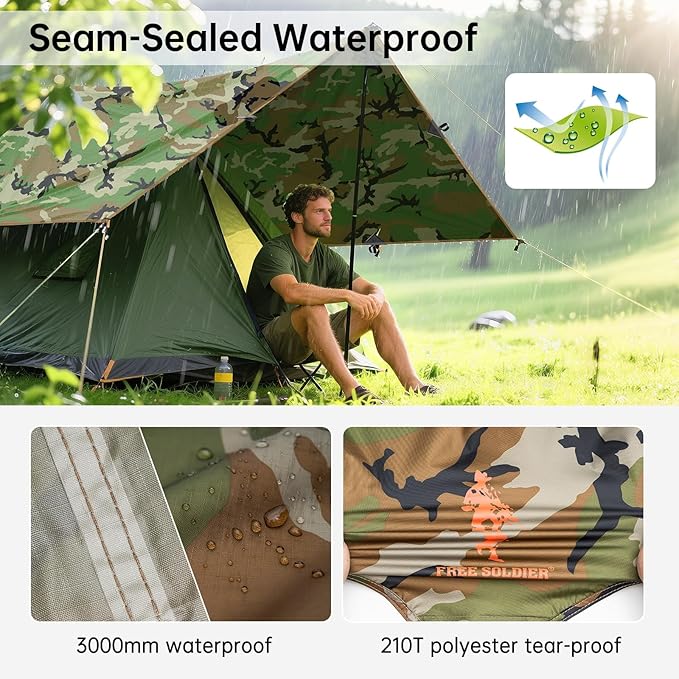 FREE SOLDIER Camping Tarp Waterproof Portable Multifunctional Outdoor Camping Traveling Awning Backpacking Shelter Rain Tarp (Camo 10×10.5ft)