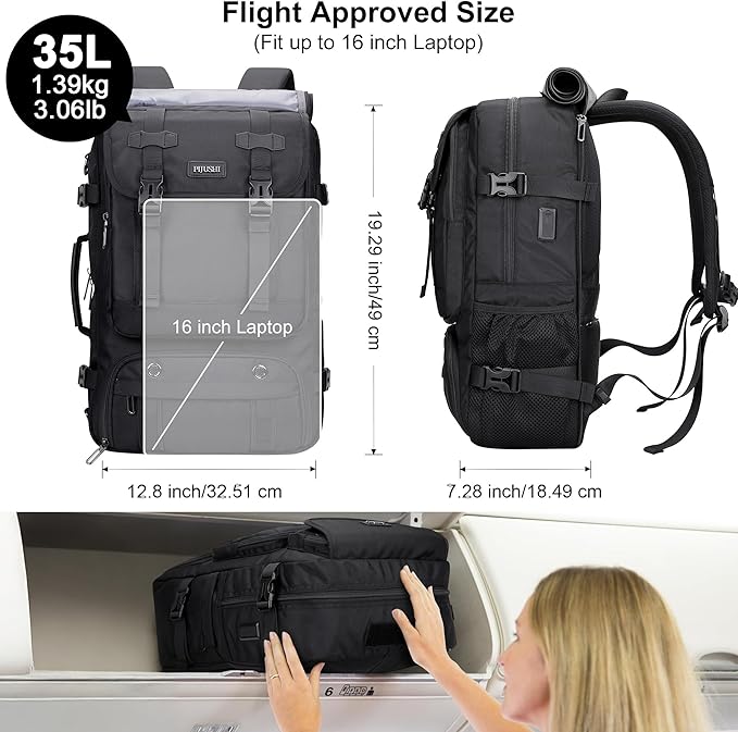 PIJUSHI Travel Backpack for Women Men Carry on Luggage Backpack Flight Approved Convertible Duffle Bag Fit 16 Inch Laptop(PE037 Black)