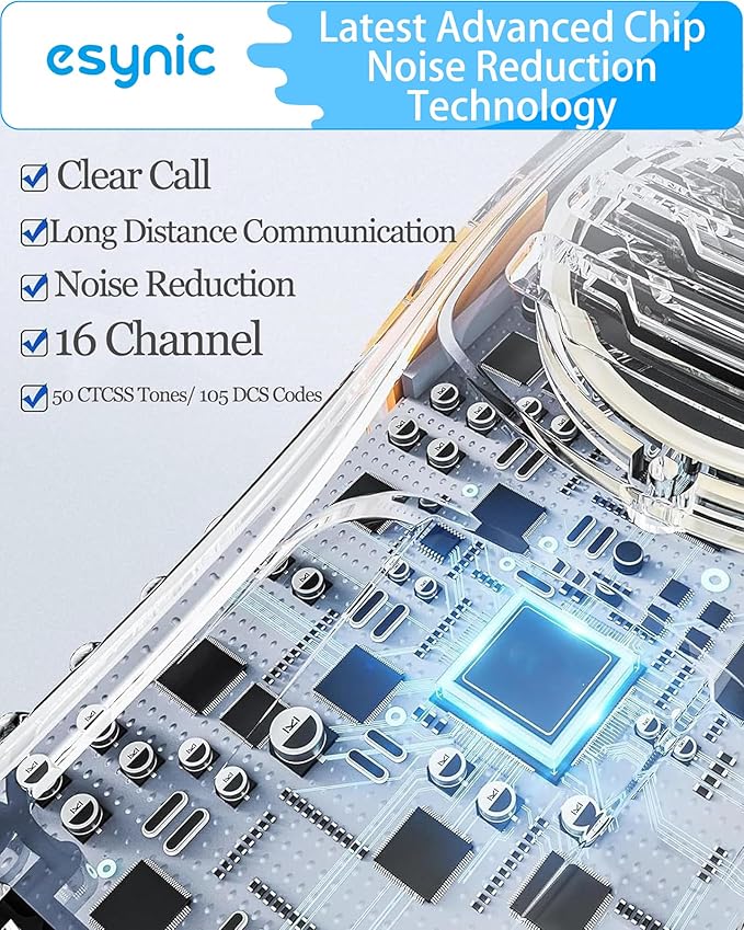 eSynic 5-Pack Professional Walkie Talkies - 5KM Long Range 16CH Rechargeable Two-Way Radios- Includes 5 Headsets & Charging Base, VOX Hands-Free for Job Sites/Camping/Family Outdoor (Ideal Gift Set)