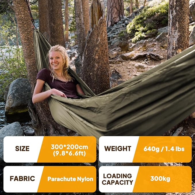 NATUREFUN Ultra-Light Travel Camping Hammock | 300kg Load Capacity,Breathable,Quick-Drying | 2 x Premium Carabiners,2 x Nylon Slings Included | Outdoor Indoor Garden