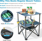 Folding Beach Table, Camping Table for Sand with Insulated Cooler Storage & 4 Cup Holders, Portable Pop Up Picnic Table, Lightweight Side Table for Outdoor