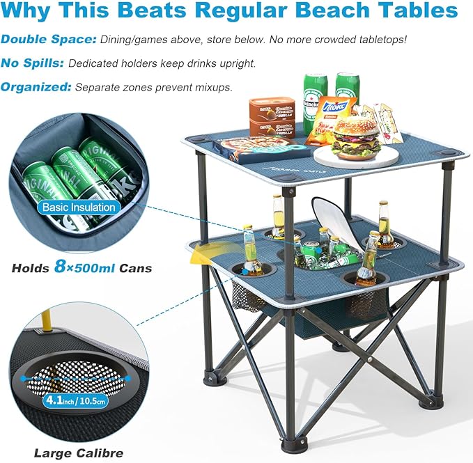 Folding Beach Table, Camping Table for Sand with Insulated Cooler Storage & 4 Cup Holders, Portable Pop Up Picnic Table, Lightweight Side Table for Outdoor