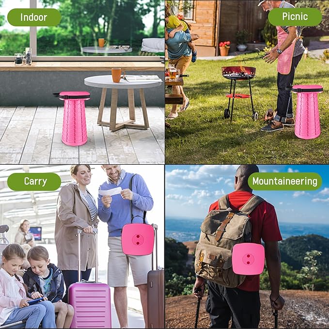 Upgraded Folding Stool - 485lbs Load Capacity,Telescopic Stool,Portable Collapsible Seat for Camping,Fishing,Hiking,Travel (Square-Pink)