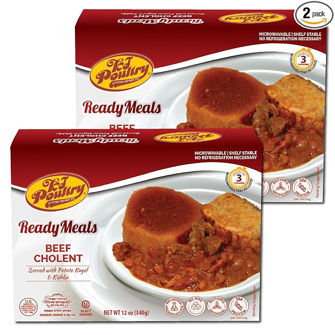 KJ Poultry Kosher Ready Meals - Beef Chulent & Kugel, MRE Meat Meals Ready to Eat, Shabbos Food (2 Pack) Prepared Entree Fully Cooked, Shelf Stable Microwave Dinner Travel, Military, Camping, Survival