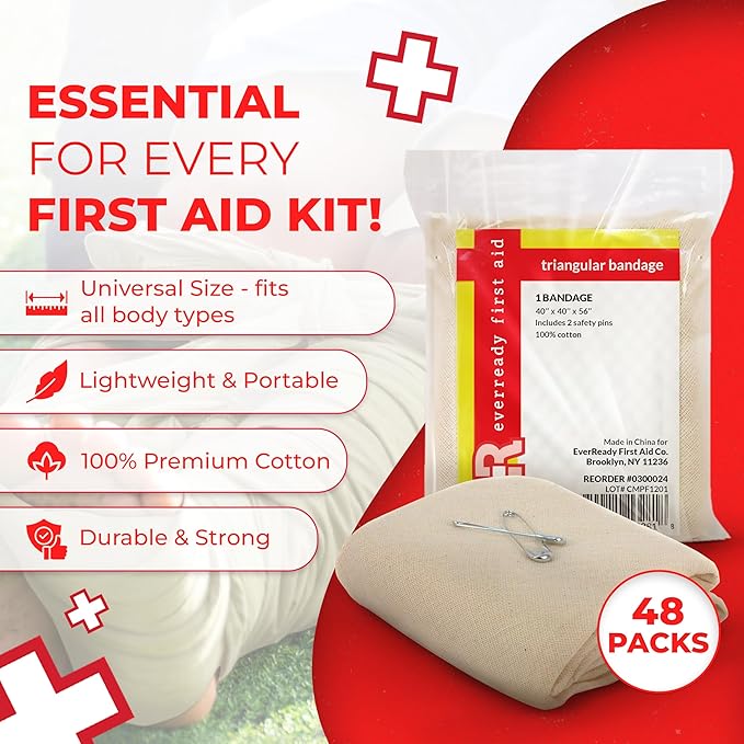 Triangular Bandage, 40" x 40" x 56", 100% Cotton, Individually Wrapped with 2 Safety Pins Per Bandage, Multi-Purpose Sling & Dressing, Bulk First Aid Kit Supply – 48 Pack